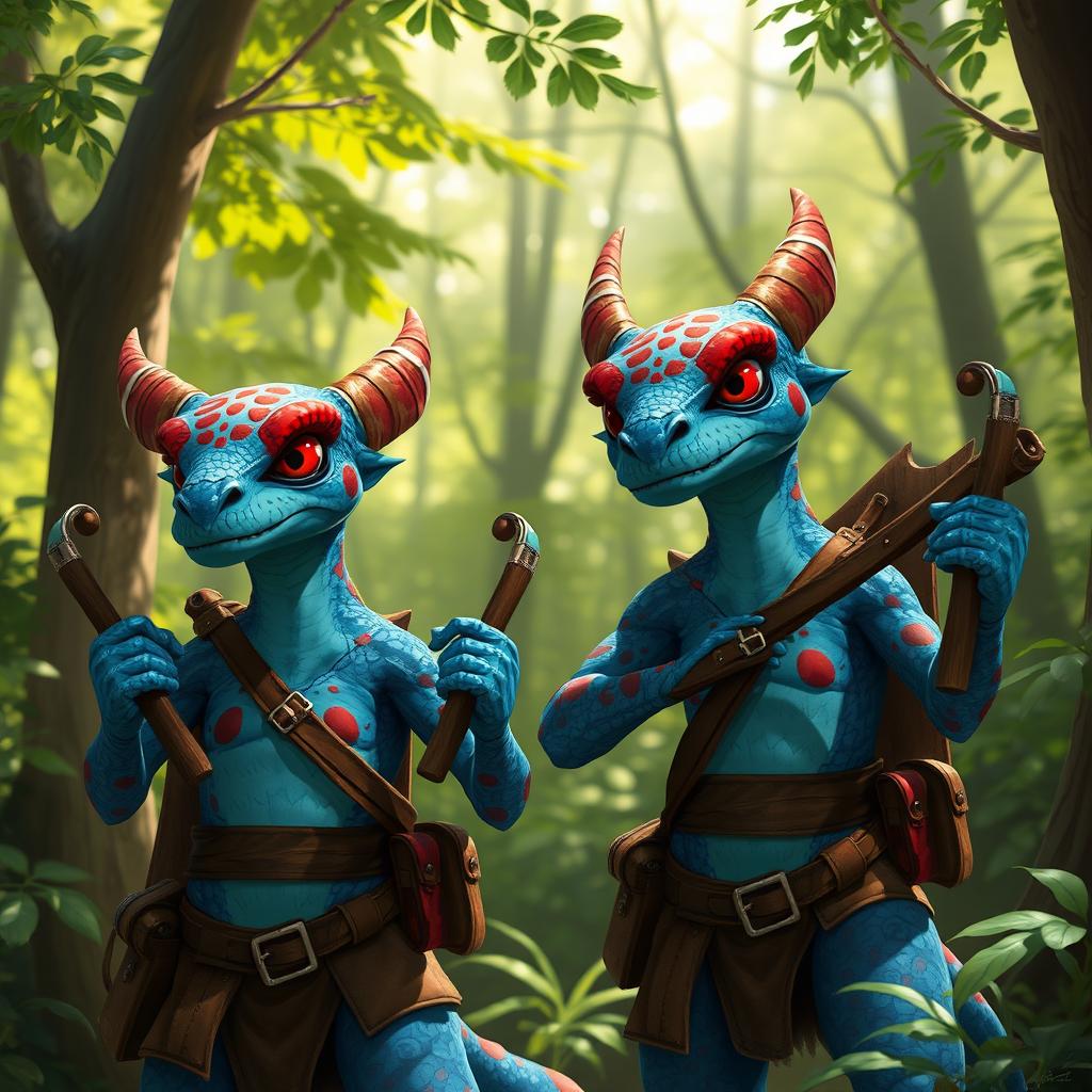 Two blue draconians adorned with striking red spots, dressed in simple, rugged leather clothing that suits their adventurous nature