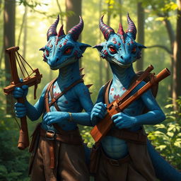 Two blue draconians adorned with striking red spots, dressed in simple, rugged leather clothing that suits their adventurous nature