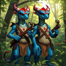 Two blue draconians adorned with striking red spots, dressed in simple, rugged leather clothing that suits their adventurous nature