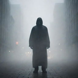 The sinister figure, standing in the heavy fog in the city, proclaims himself as a god. The unsettling proclamation reverberates through the fog-shrouded streets, adding an eerie tension to the atmosphere.