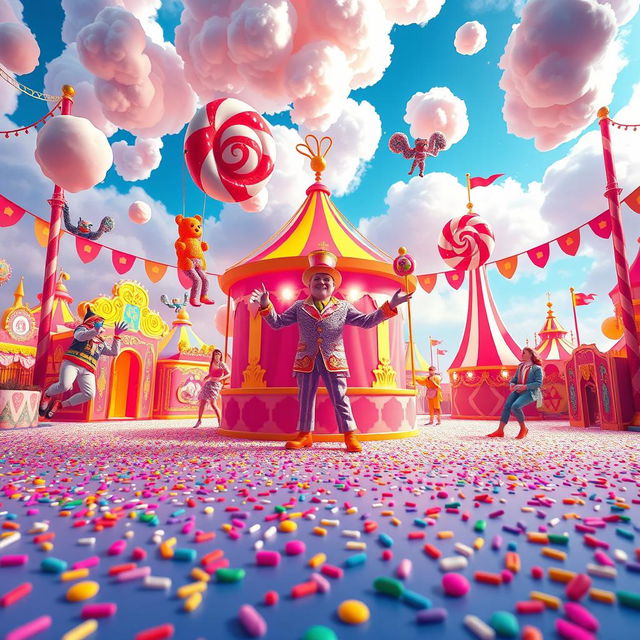 A vibrant and whimsical digital circus scene representing the second chapter titled 'Candy Kingdom'