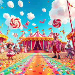 A vibrant and whimsical digital circus scene representing the second chapter titled 'Candy Kingdom'
