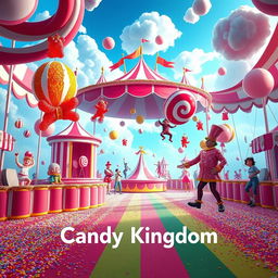 A vibrant and whimsical digital circus scene representing the second chapter titled 'Candy Kingdom'