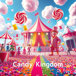 A vibrant and whimsical digital circus scene representing the second chapter titled 'Candy Kingdom'