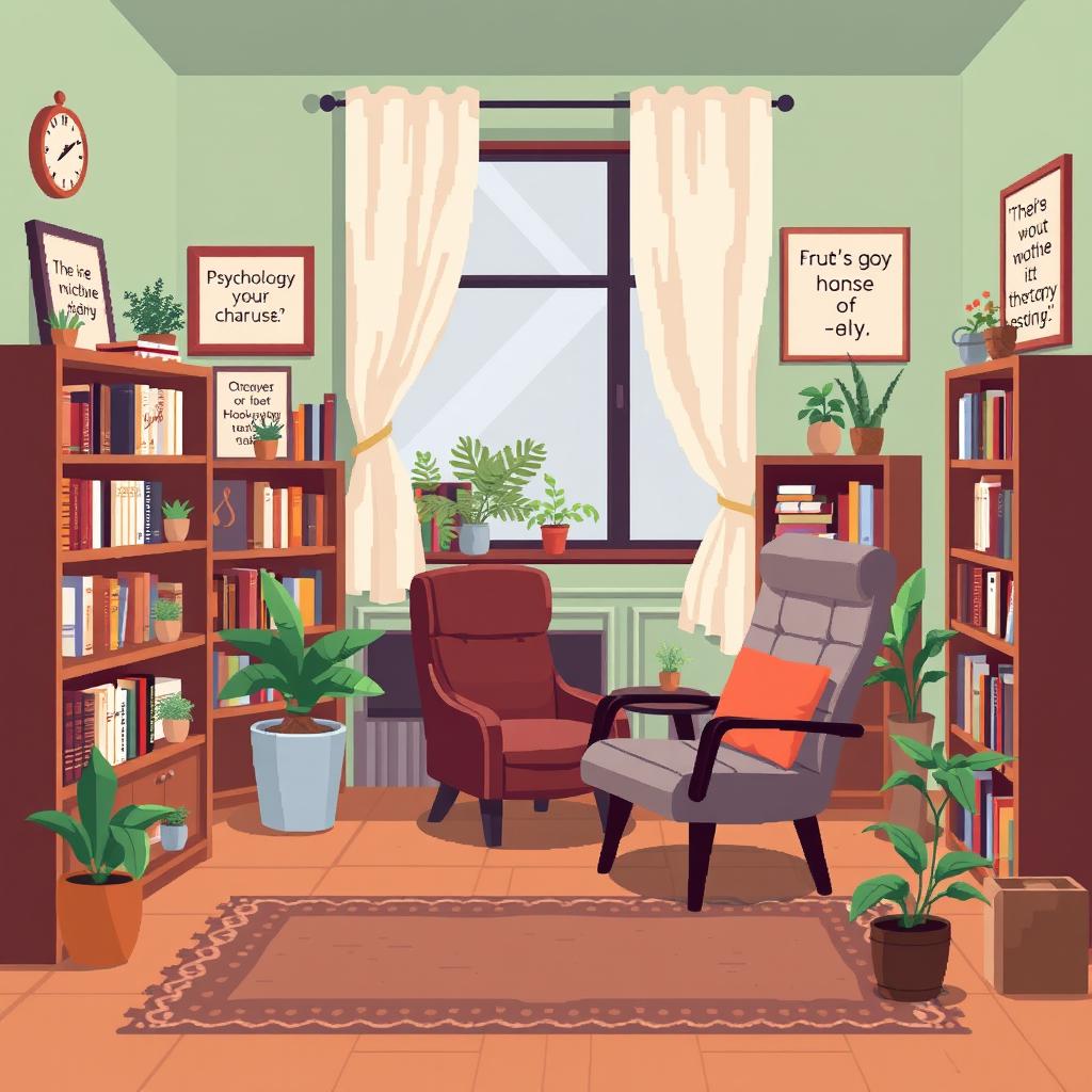 A pixel art room belonging to a psychologist, featuring a cozy and inviting atmosphere