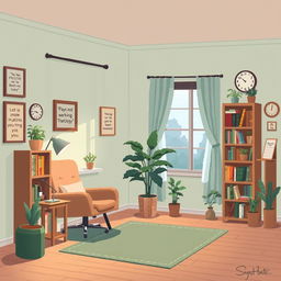 A pixel art room belonging to a psychologist, featuring a cozy and inviting atmosphere