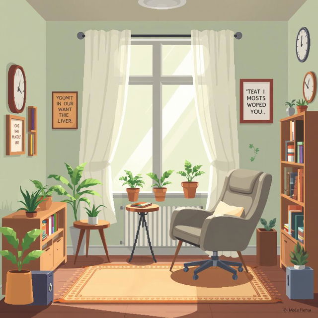 A pixel art room belonging to a psychologist, featuring a cozy and inviting atmosphere