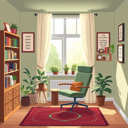 A pixel art room belonging to a psychologist, featuring a cozy and inviting atmosphere