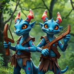 Two blue draconians with vibrant red spots, dressed in simple, rugged leather clothing that highlights their adventurous nature