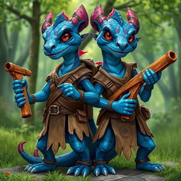 Two blue draconians with vibrant red spots, dressed in simple, rugged leather clothing that highlights their adventurous nature