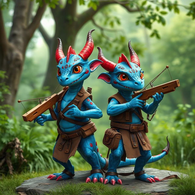 Two blue draconians with vibrant red spots, dressed in simple, rugged leather clothing that highlights their adventurous nature