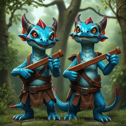 Two blue draconians with vibrant red spots, dressed in simple, rugged leather clothing that highlights their adventurous nature