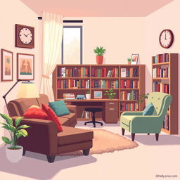 A pixel art illustration of a psychologist's office interior, featuring a comfortable couch with cushions, a cozy armchair, a wooden desk with a lamp, bookshelves filled with psychology books, and soothing wall art