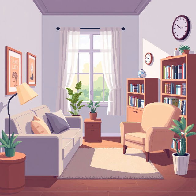 A pixel art illustration of a psychologist's office interior, featuring a comfortable couch with cushions, a cozy armchair, a wooden desk with a lamp, bookshelves filled with psychology books, and soothing wall art