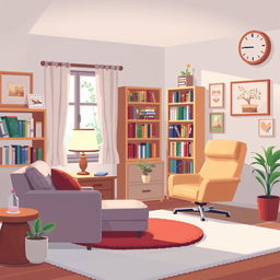 A pixel art illustration of a psychologist's office interior, featuring a comfortable couch with cushions, a cozy armchair, a wooden desk with a lamp, bookshelves filled with psychology books, and soothing wall art