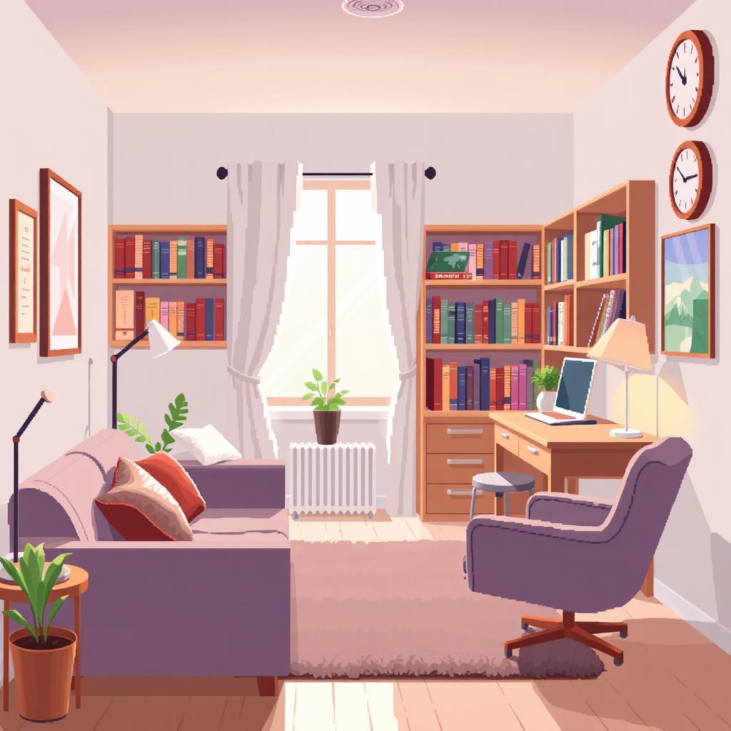 A pixel art illustration of a psychologist's office interior, featuring a comfortable couch with cushions, a cozy armchair, a wooden desk with a lamp, bookshelves filled with psychology books, and soothing wall art