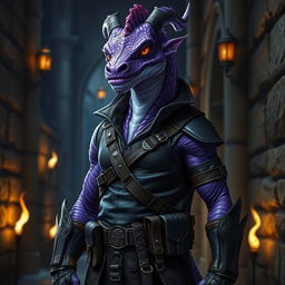 A purple draconian dressed in a sleek rogue's outfit, complete with dark leather armor that features intricate patterns and accents