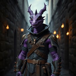 A purple draconian dressed in a sleek rogue's outfit, complete with dark leather armor that features intricate patterns and accents