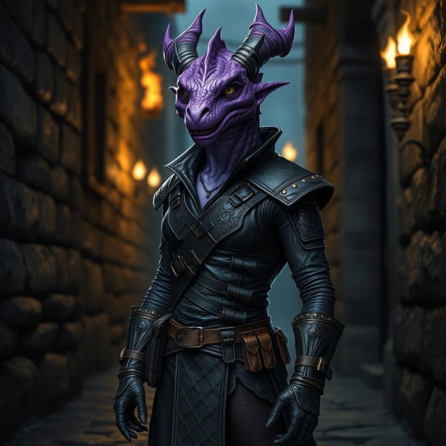 A purple draconian dressed in a sleek rogue's outfit, complete with dark leather armor that features intricate patterns and accents