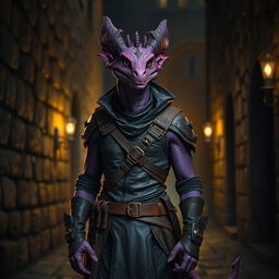 A purple draconian dressed in a sleek rogue's outfit, complete with dark leather armor that features intricate patterns and accents