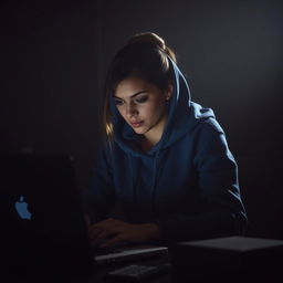 A woman wearing a blue hoodie, intensely focused as she types on a laptop in a dimly lit room