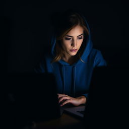 A woman wearing a blue hoodie, intensely focused as she types on a laptop in a dimly lit room