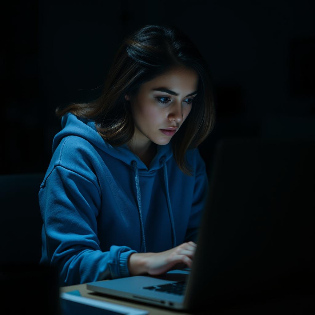 A woman wearing a blue hoodie, intensely focused as she types on a laptop in a dimly lit room