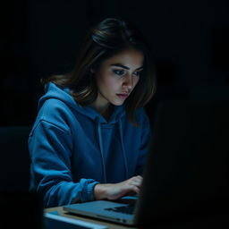 A woman wearing a blue hoodie, intensely focused as she types on a laptop in a dimly lit room