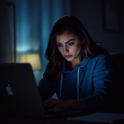 A woman wearing a blue hoodie, intensely focused as she types on a laptop in a dimly lit room