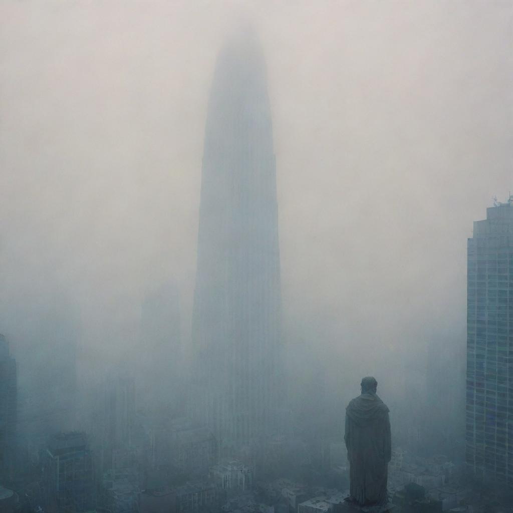 The fog-shrouded cityscape now features its previous lively inhabitants in a state of submission, bowing down before the sinister figure that stands tall amidst the dense mist, proclaiming himself a god.