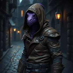 A purple draconian cloaked in a brown leather rogue's outfit complete with a hood