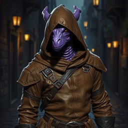 A purple draconian cloaked in a brown leather rogue's outfit complete with a hood