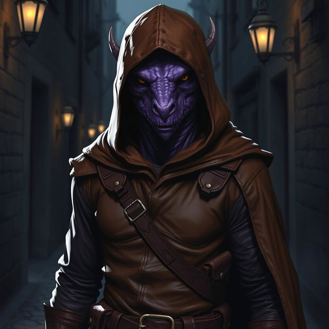 A purple draconian cloaked in a brown leather rogue's outfit complete with a hood