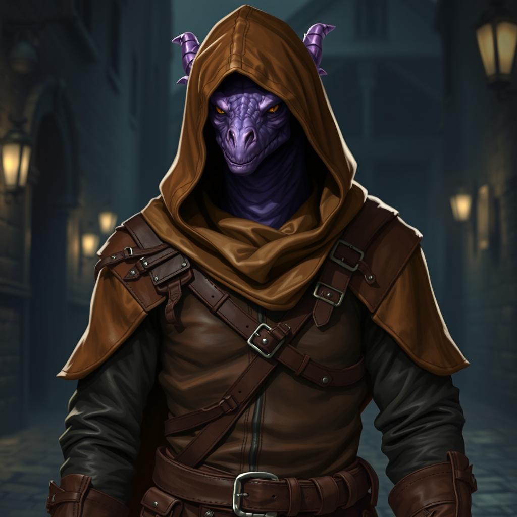 A purple draconian cloaked in a brown leather rogue's outfit complete with a hood