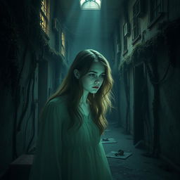 An abandoned hospital, overgrown with vines and moss, shadows lurking in its dark corridors