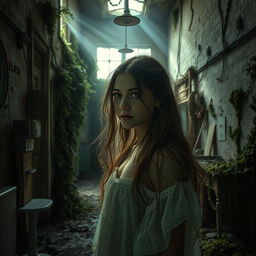 An abandoned hospital, overgrown with vines and moss, shadows lurking in its dark corridors