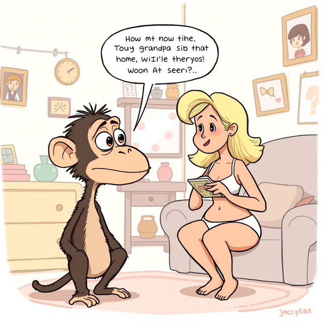 A whimsical cartoon illustration featuring Buster, who resembles an ape with a skinny neck and an oversized eye on his forehead, engaging in a humorous interrogation with his mom at home