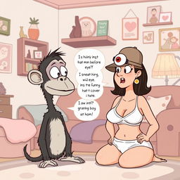 A whimsical cartoon illustration featuring Buster, who resembles an ape with a skinny neck and an oversized eye on his forehead, engaging in a humorous interrogation with his mom at home