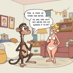A whimsical cartoon illustration featuring Buster, who resembles an ape with a skinny neck and an oversized eye on his forehead, engaging in a humorous interrogation with his mom at home