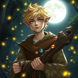 A male halfling moon druid character in a rich fantasy landscape