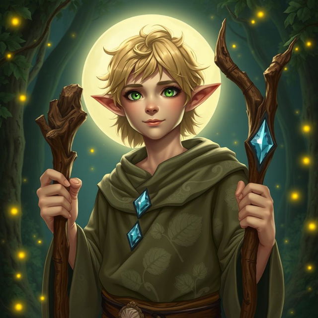 A male halfling moon druid character in a rich fantasy landscape