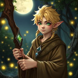 A male halfling moon druid character in a rich fantasy landscape