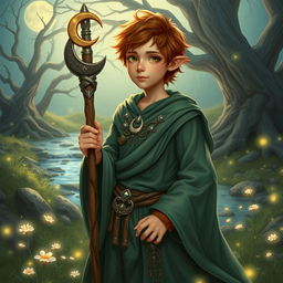 A male halfling moon druid character in a vivid fantasy setting