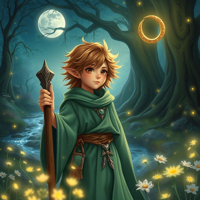 A male halfling moon druid character in a vivid fantasy setting