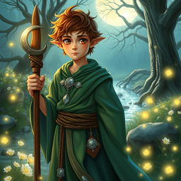 A male halfling moon druid character in a vivid fantasy setting