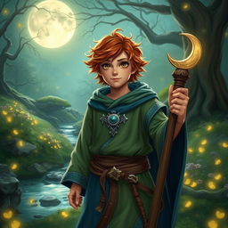 A male halfling moon druid character in a vivid fantasy setting