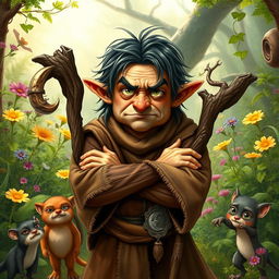 A middle-aged male halfling moon druid with a cranky demeanor in a whimsical fantasy setting