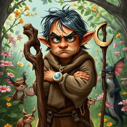 A middle-aged male halfling moon druid with a cranky demeanor in a whimsical fantasy setting