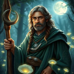 A middle-aged male halfling moon druid in a captivating fantasy environment