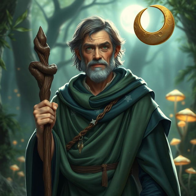 A middle-aged male halfling moon druid in a captivating fantasy environment